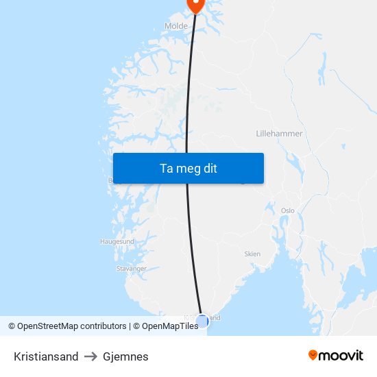 Kristiansand to Gjemnes map
