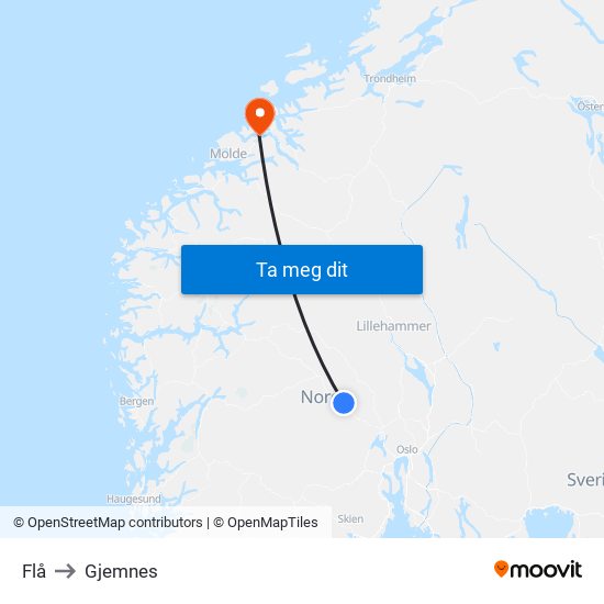 Flå to Gjemnes map