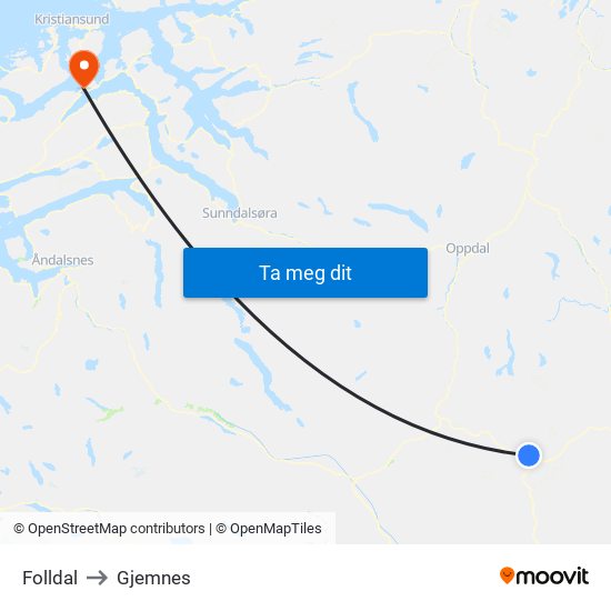 Folldal to Gjemnes map