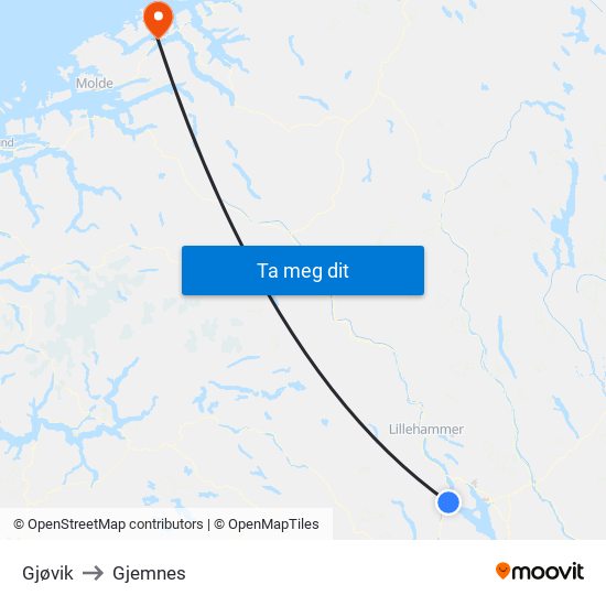 Gjøvik to Gjemnes map