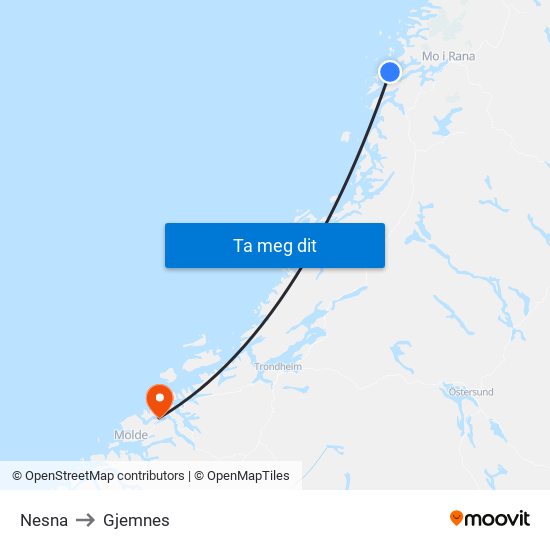 Nesna to Gjemnes map