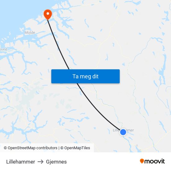 Lillehammer to Gjemnes map