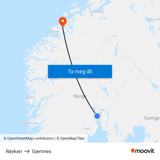 Røyken to Gjemnes map