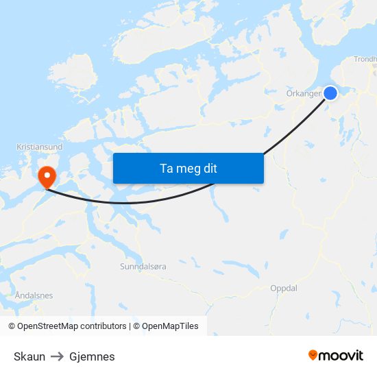 Skaun to Gjemnes map