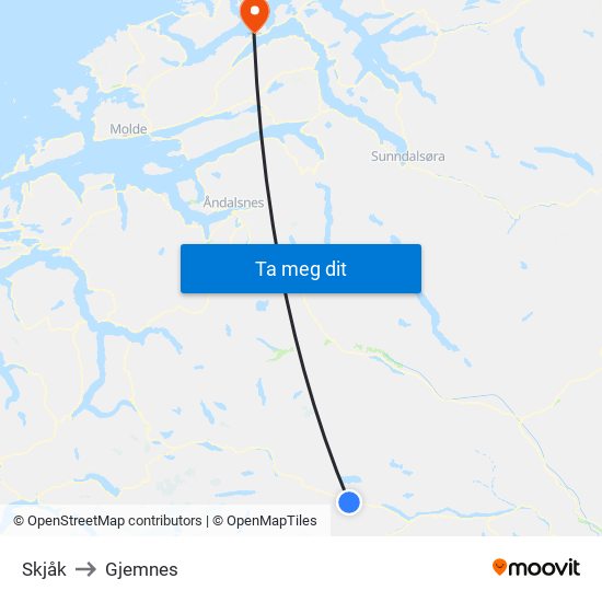 Skjåk to Gjemnes map