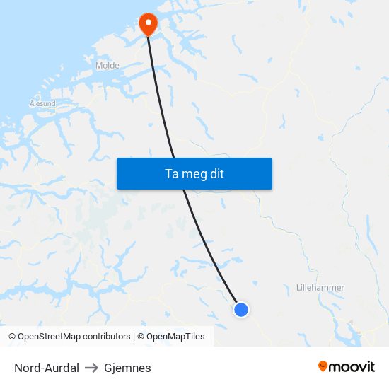 Nord-Aurdal to Gjemnes map