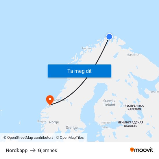 Nordkapp to Gjemnes map