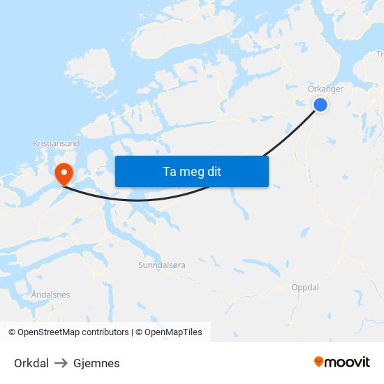 Orkdal to Gjemnes map