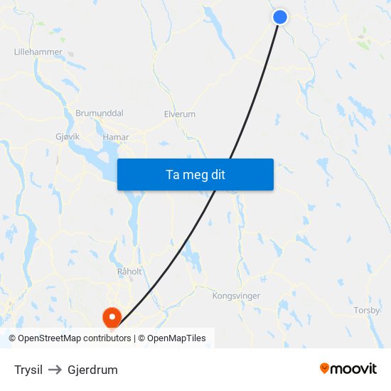 Trysil to Gjerdrum map