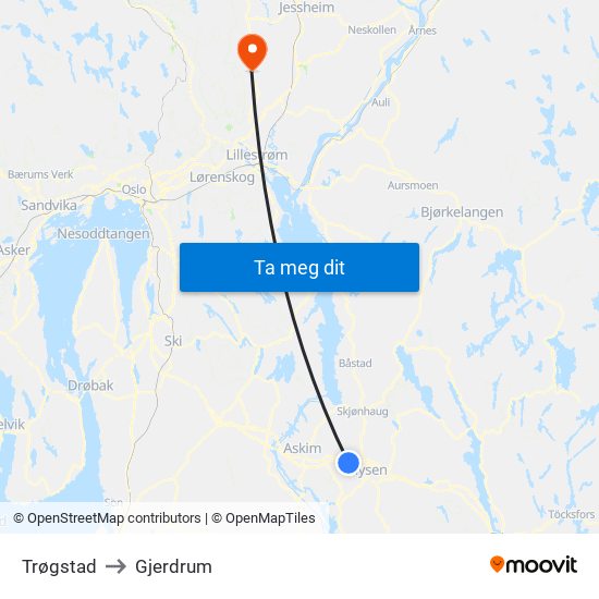 Trøgstad to Gjerdrum map