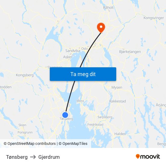 Tønsberg to Gjerdrum map