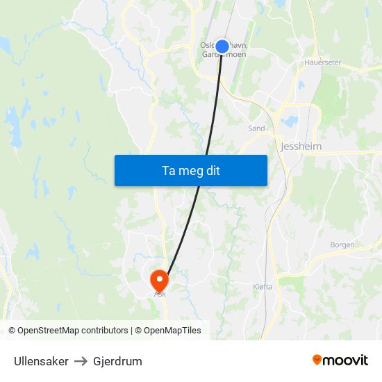 Ullensaker to Gjerdrum map