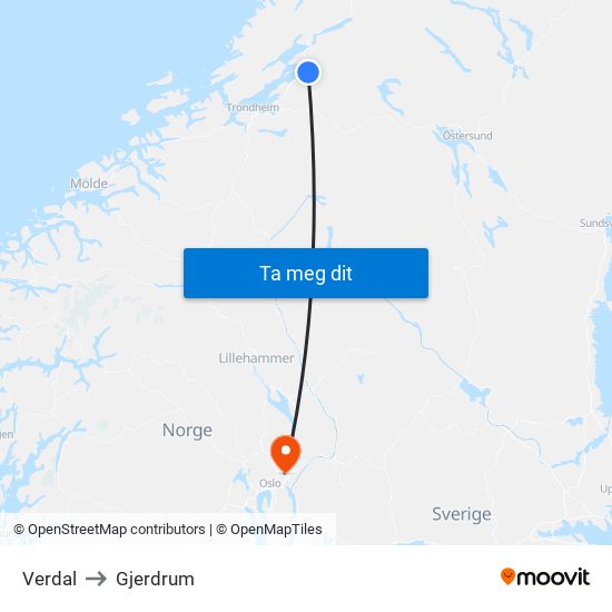 Verdal to Gjerdrum map