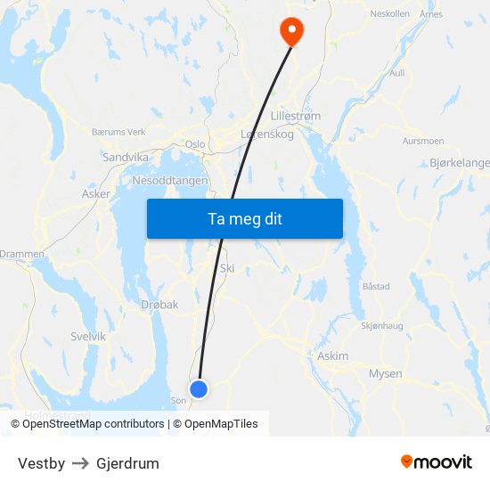 Vestby to Gjerdrum map