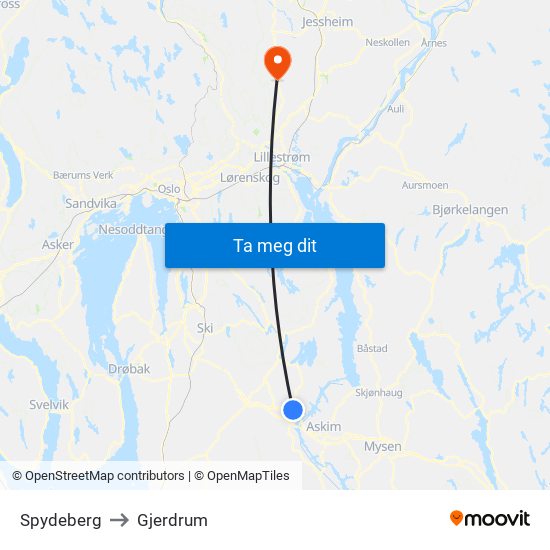 Spydeberg to Gjerdrum map
