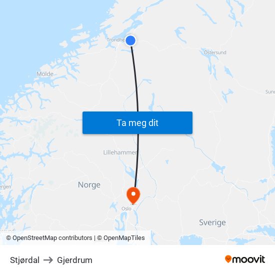 Stjørdal to Gjerdrum map