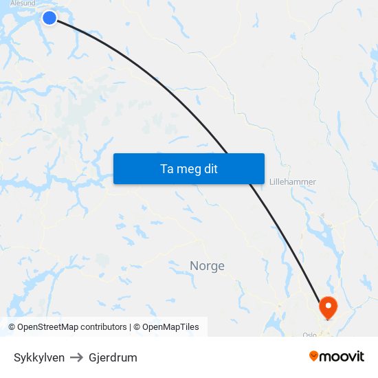 Sykkylven to Gjerdrum map