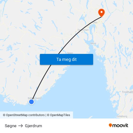 Søgne to Gjerdrum map