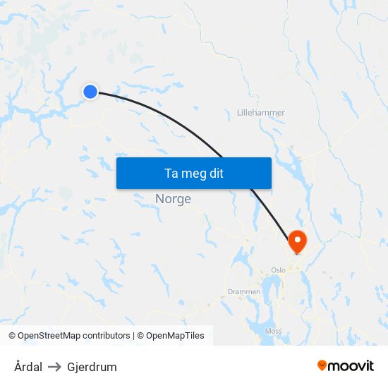 Årdal to Gjerdrum map