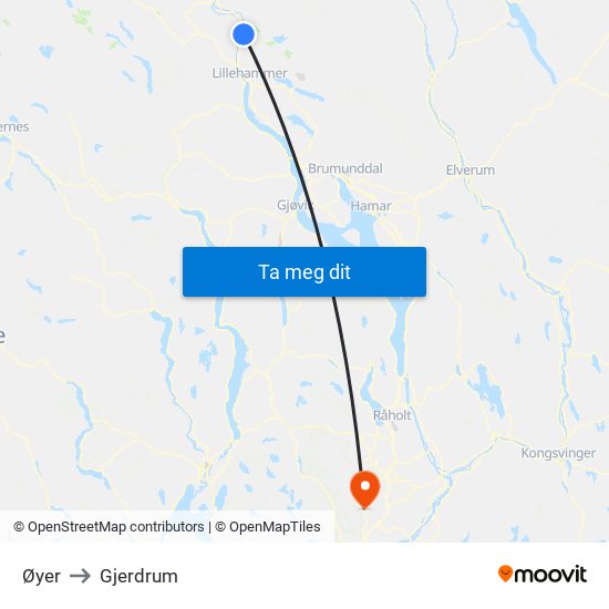 Øyer to Gjerdrum map