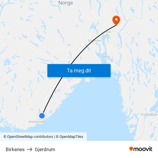 Birkenes to Gjerdrum map