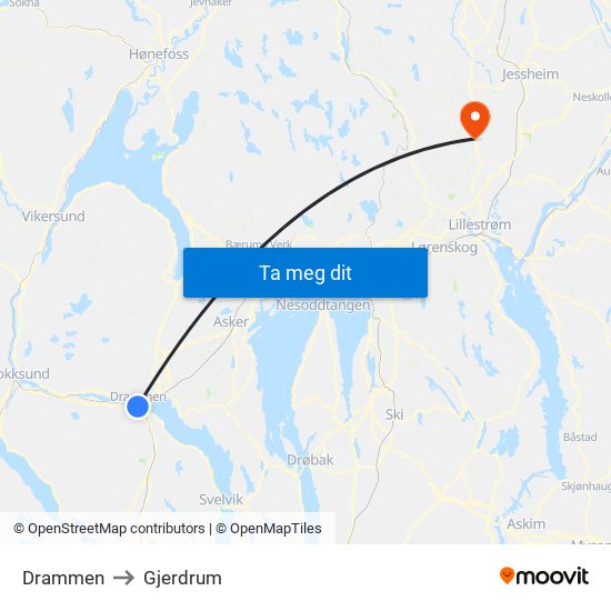 Drammen to Gjerdrum map