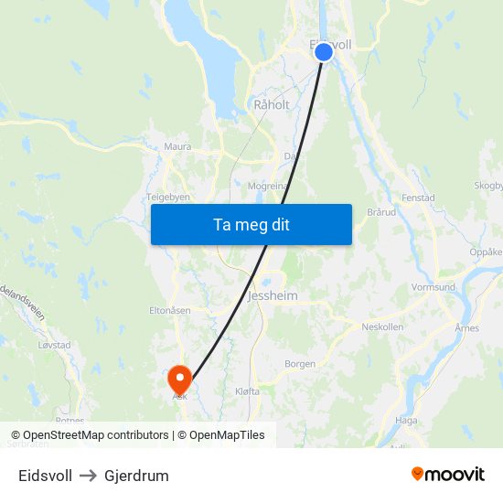 Eidsvoll to Gjerdrum map