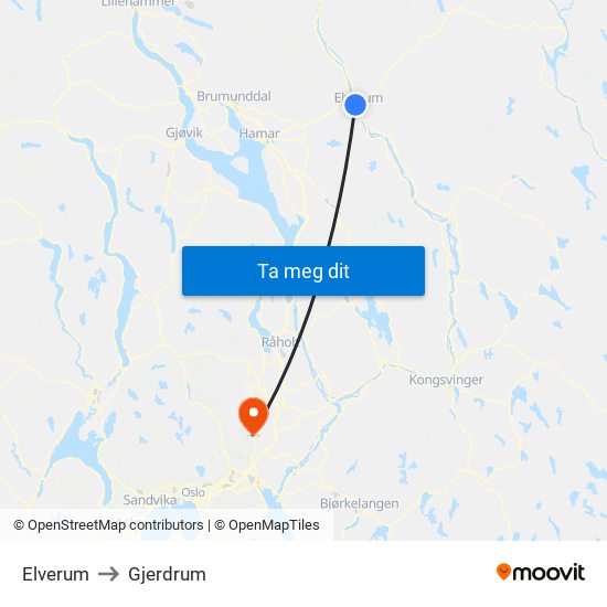 Elverum to Gjerdrum map