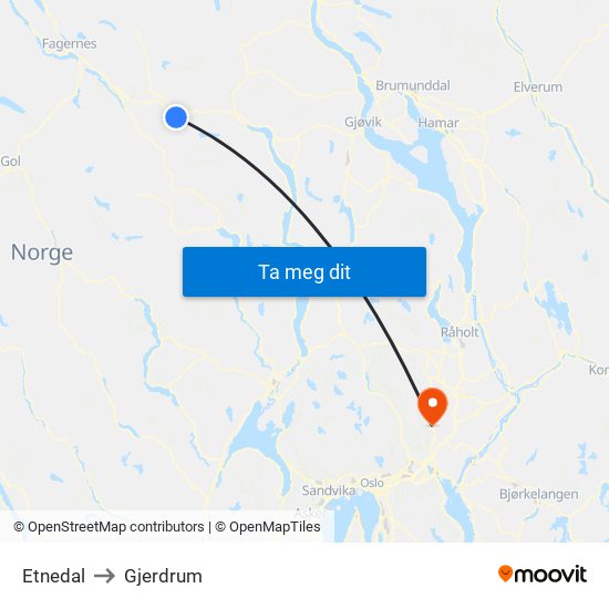 Etnedal to Gjerdrum map