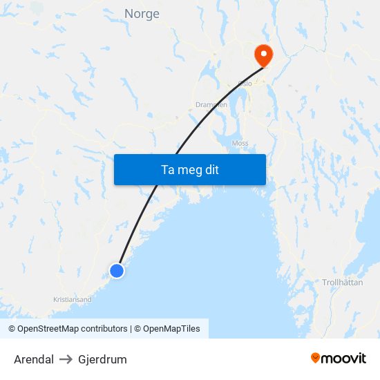 Arendal to Gjerdrum map