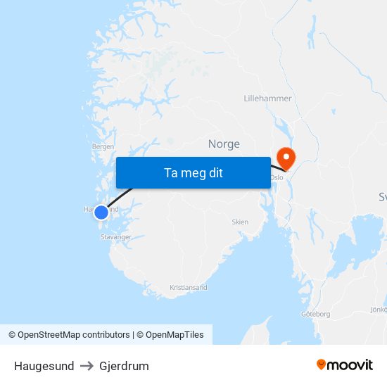 Haugesund to Gjerdrum map