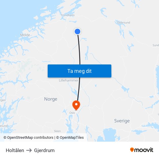 Holtålen to Gjerdrum map