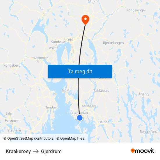 Kraakeroey to Gjerdrum map