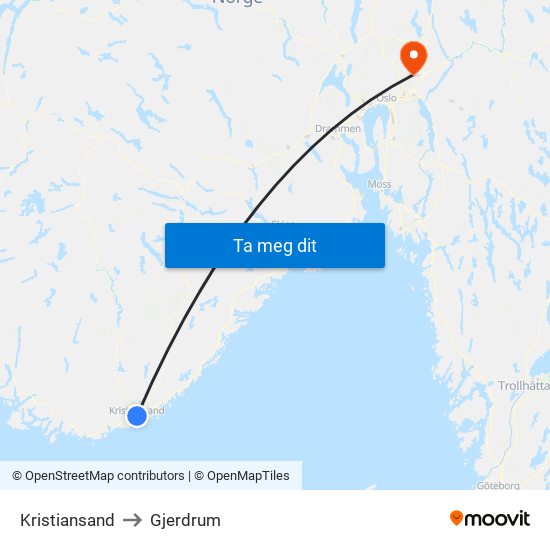 Kristiansand to Gjerdrum map