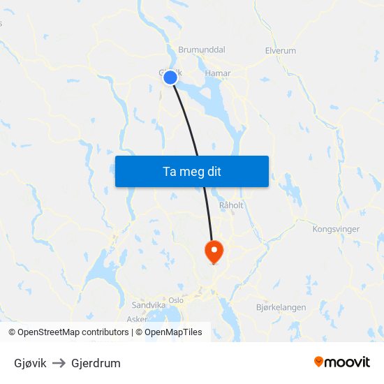Gjøvik to Gjerdrum map