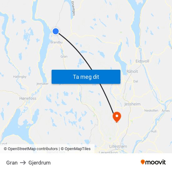 Gran to Gjerdrum map