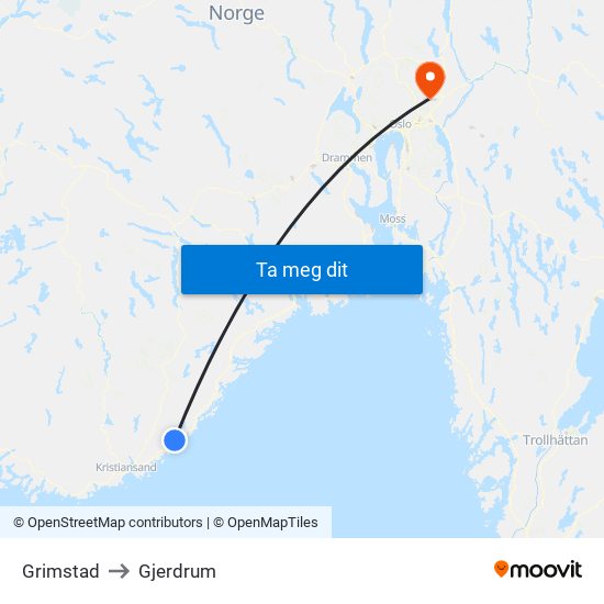 Grimstad to Gjerdrum map