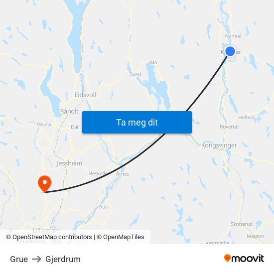 Grue to Gjerdrum map