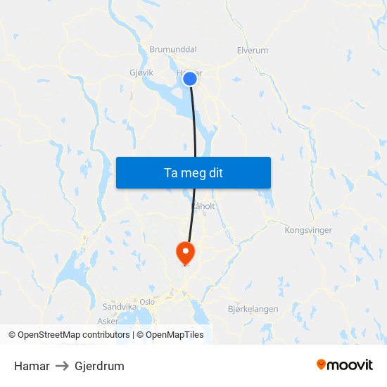 Hamar to Gjerdrum map