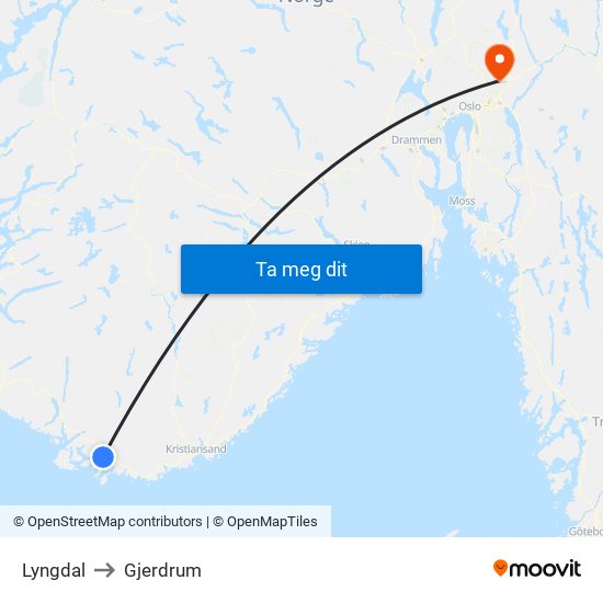 Lyngdal to Gjerdrum map