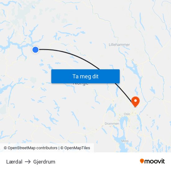 Lærdal to Gjerdrum map