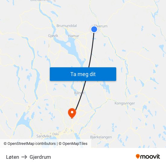 Løten to Gjerdrum map
