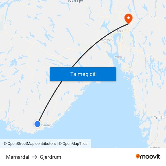 Marnardal to Gjerdrum map