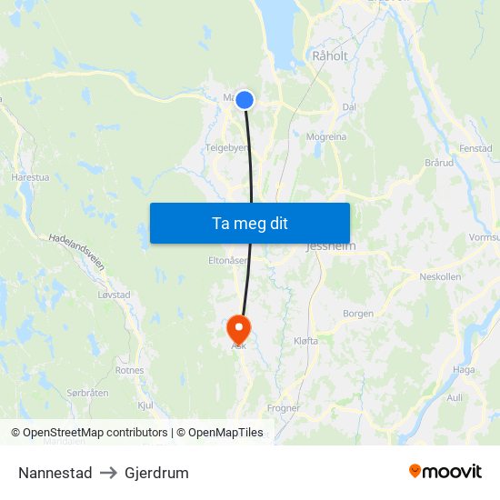 Nannestad to Gjerdrum map