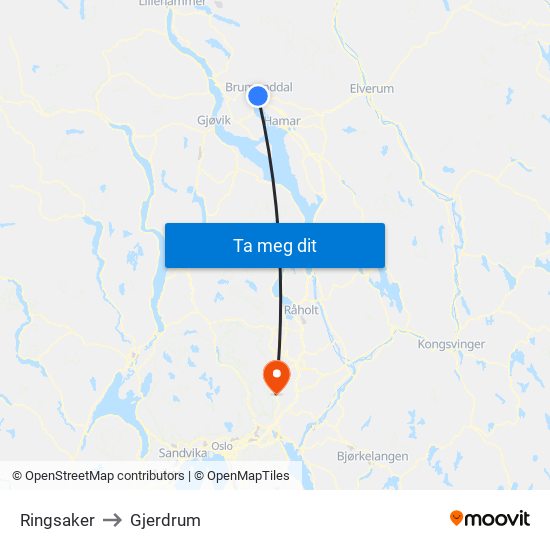 Ringsaker to Gjerdrum map