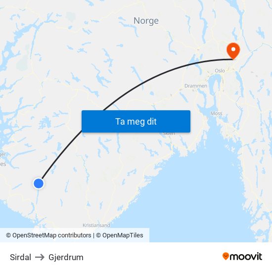 Sirdal to Gjerdrum map