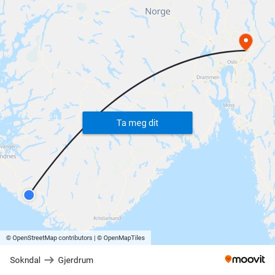 Sokndal to Gjerdrum map