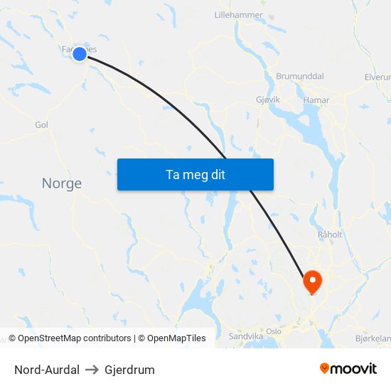 Nord-Aurdal to Gjerdrum map