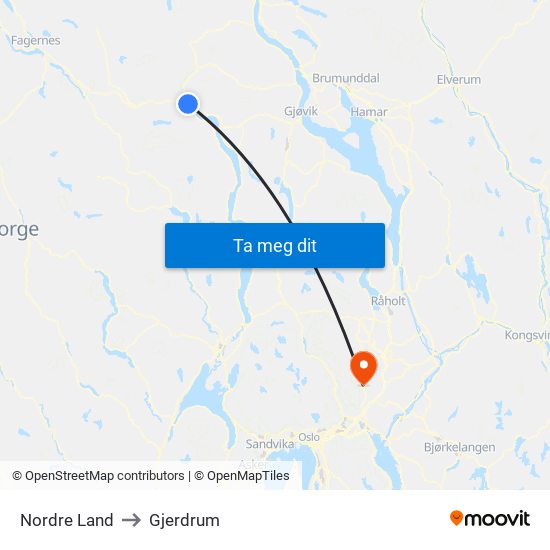 Nordre Land to Gjerdrum map