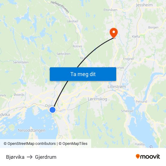 Bjørvika to Gjerdrum map